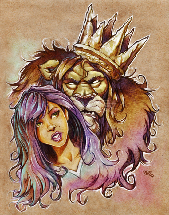 pencil digital illustration artwork of king lion and purple hair girl